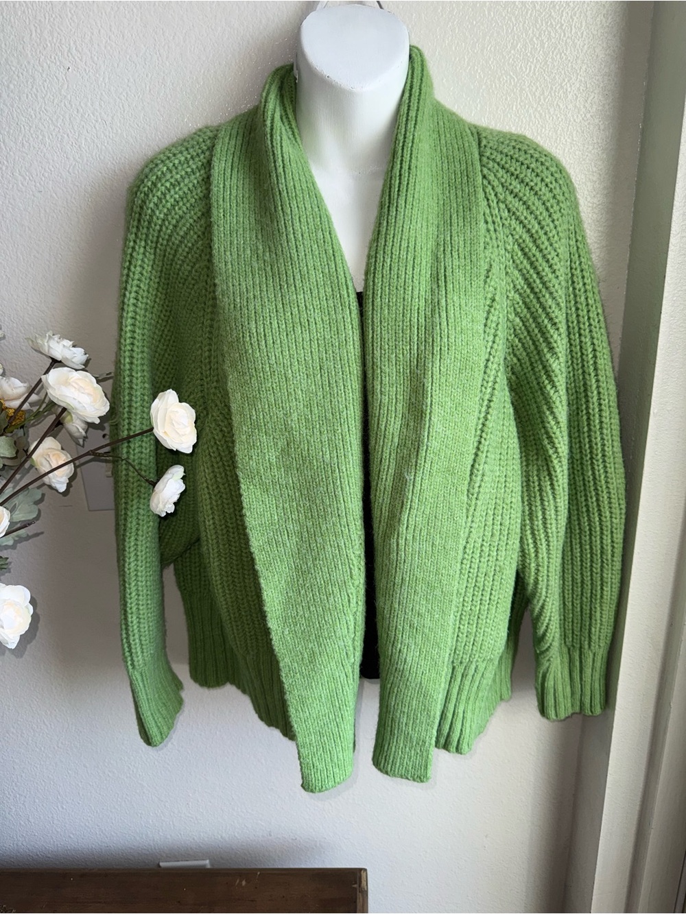 Lush Light Green Ribbed Open-Front Shawl Collar Cardigan
